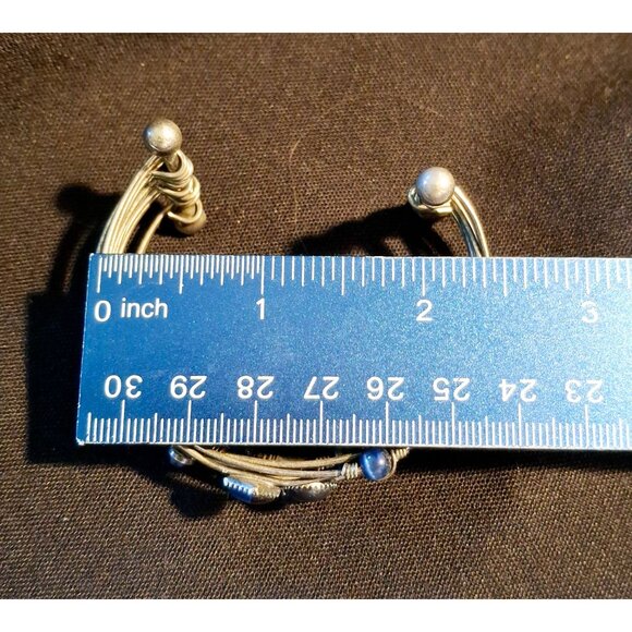 Adjustable Silver Wire Cuff Bracelet With Blue Beads & Square Accents - Picture 6 of 6